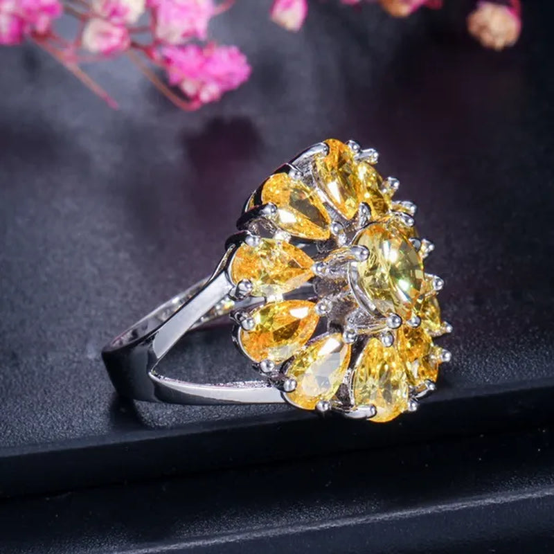 Gloriya Shining Purple Stone Sun Flower Pendant Necklace Earrings Ring Set For Women Newest Silver Color Jewelry