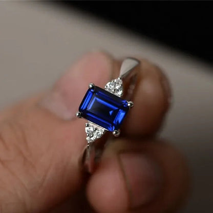 7*9mm Aquamarine/Sapphire 925 Sterling Silver Engagement Wedding Ring for Women Girl Size 6-10