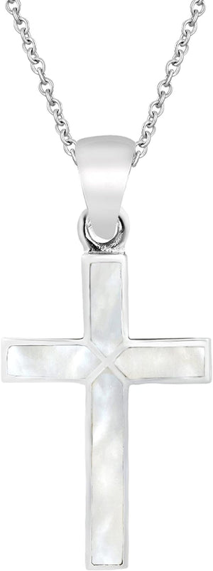 Spiritual Cross of Faith Inlaid White Mother of Pearl .925 Sterling Silver Pendant Necklace | Religous Necklace Jewelry for Women | Jewelry Gift