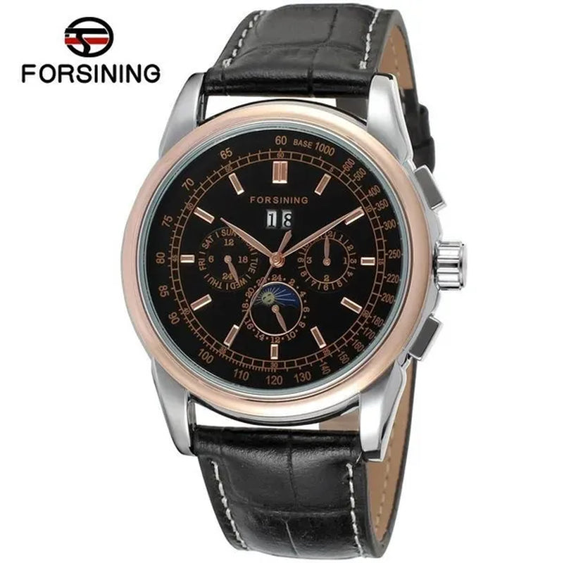 Forsining Moon Phase Shanghai Movement Rose Gold Case Brown Bracelet en cuir véritable Montres pour hommes Top Brand Luxury Auotmatic Watch