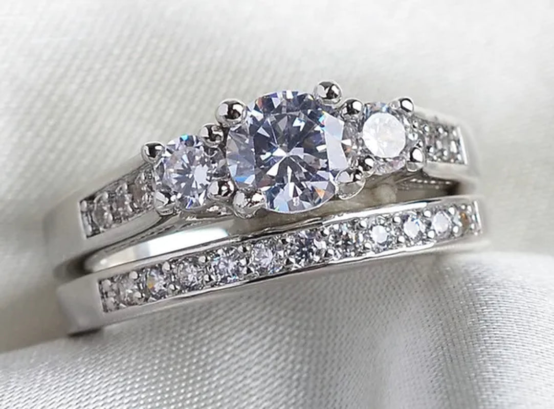 Sz6-9 10kt Wedding&Engagement Ring Bridal set White Gold Filled Three Stone CZ Lady Band