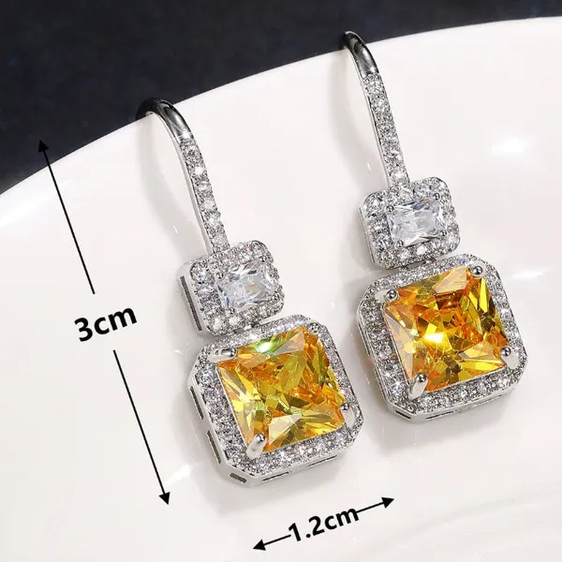 Bridal Wedding Hanging Earrings for Women Square Cut Citrine Gemstone Drop Earrings Lover Anniversary Gift