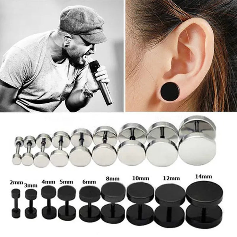 Punk Style Medical Titanium Black Silver round Barbell Stud Earrings Women Men'S Gothic Jewelry Rock Piercing Earring 1 Pair