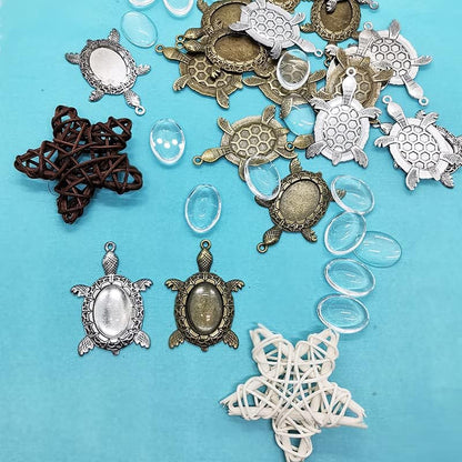 40 Pieces 2 Colors Antique Bronze Silver Turtle Pendant Settings Include 20Pcs Blank Bezel Pendant Trays 20Pcs Clear Oval Glass Cabochons Bases for Memorial Photo Pendant DIY Art Crafts Jewelry Making