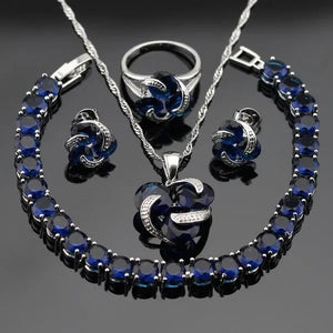 Delightful 925 Sliver Jewelry Sets Blue Zircon  Necklace Pendant Earring Ring Bracelet For Women  Dating Gift