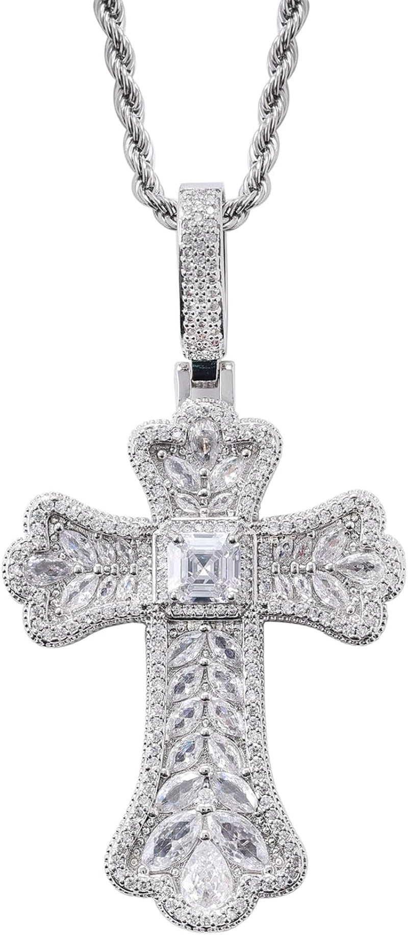 Gothic Colorful Iced Out Cross Pendant with 20" Stainless Steel Rope Chain, Heavyweight Oversized Design, 14K Gold Plated, 5A CZ Stones, Hip-Hop Religious Jewelry for Men & Women