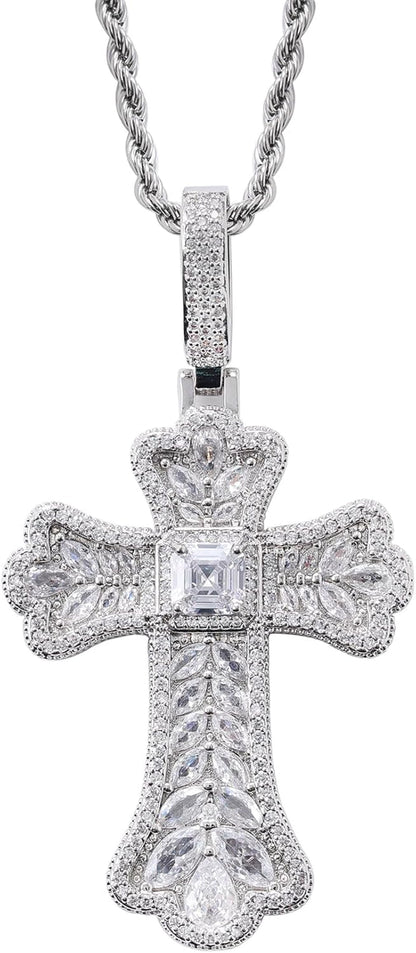 Gothic Colorful Iced Out Cross Pendant with 20" Stainless Steel Rope Chain, Heavyweight Oversized Design, 14K Gold Plated, 5A CZ Stones, Hip-Hop Religious Jewelry for Men & Women