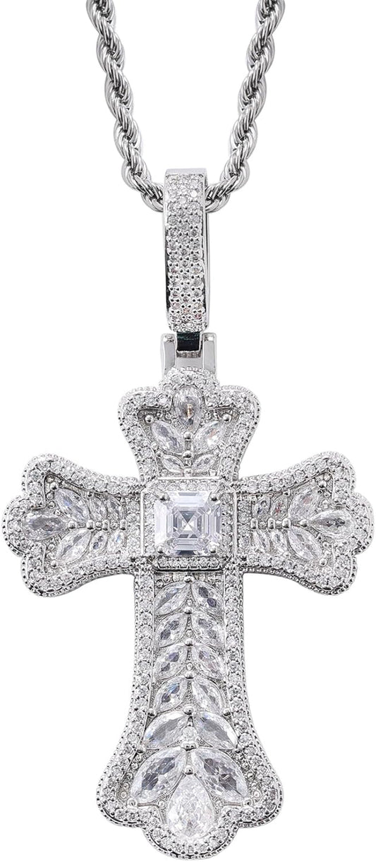 Gothic Colorful Iced Out Cross Pendant with 20" Stainless Steel Rope Chain, Heavyweight Oversized Design, 14K Gold Plated, 5A CZ Stones, Hip-Hop Religious Jewelry for Men & Women