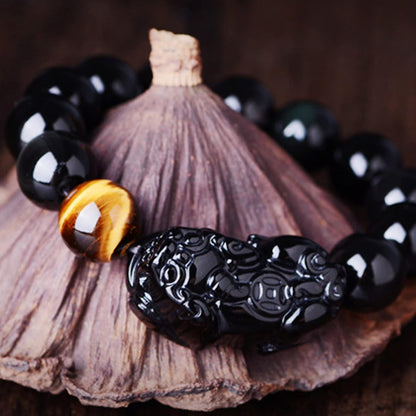 Beaded Bracelets,Protection Bracelets for Men Women，Feng Shui Bracelet Amulet Pixiu Black Vintage Bracelet Natural Black Obsidian Tiger Eye Beaded Chakra Balancing Bracelet Crystal Ward-Off Evil Spiri