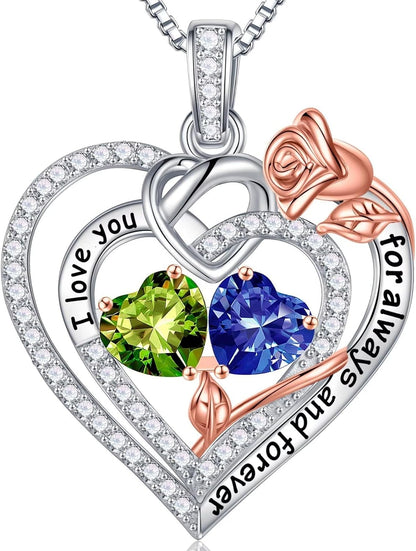 Rose Heart Necklaces Gifts for Her - 925 Sterling Silver Rose Heart Birthstone Necklace Anniversary Birthday Gifts Jewelry Valentines Mothers Day Gifts for Women Wife Girlfriend Mom