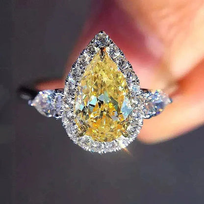 Women Fashion Silver Plated Teardrop Citrine Lab Diamond Wedding Engagement Ring for Women Natural Gemstones Jewelry Ring Size 6-10