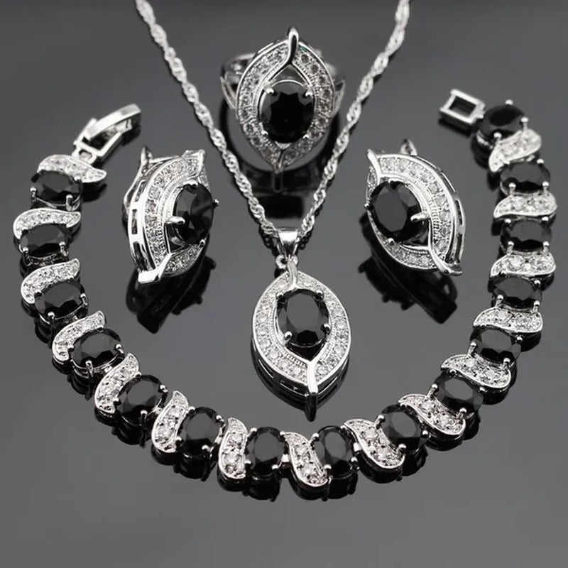 925 Sliver Jewelry Sets Black Zircon White Topaz Necklace Pendant Hoop Earring Ring Bracelet For Women  Dating Gift