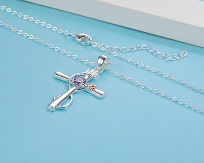 Cross Necklace for Women, Birthstone Pendant Flower Heart/Love Shape Created Gemstone, Birthday Anniversary Mothers Valentine'S Day Gifts for Her, 18 to 20 Inch