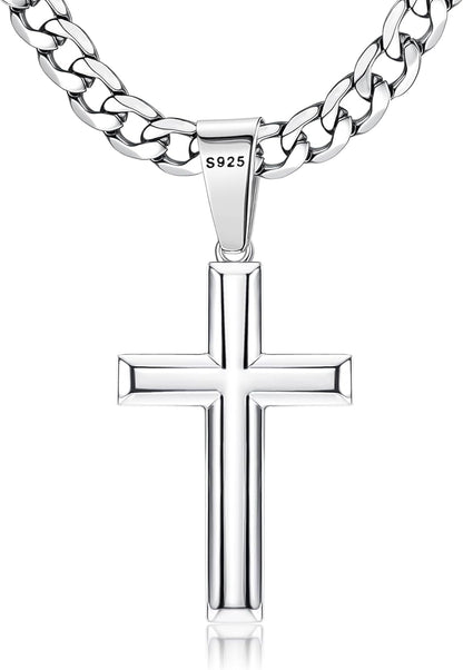 925 Sterling Silver Cross Necklace for Men Women | 5Mm 316L Stainless Steel Diamond-Cut Cuban Link Curb Chain, Beveled-Edge Religous Pendant Jewelry, 16-30'' Christian Baptism Gift