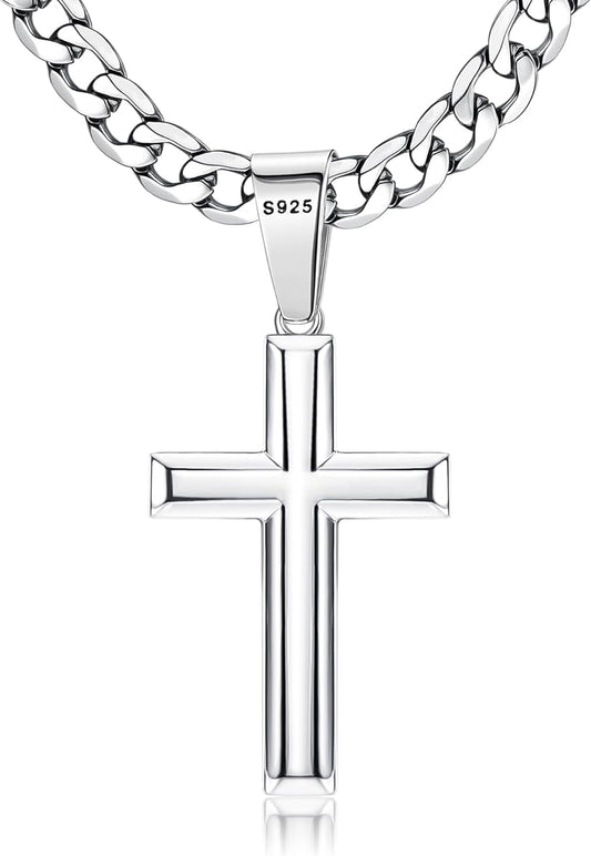 925 Sterling Silver Cross Necklace for Men Women | 5Mm 316L Stainless Steel Diamond-Cut Cuban Link Curb Chain, Beveled-Edge Religous Pendant Jewelry, 16-30'' Christian Baptism Gift