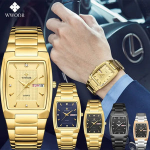 2021 Men's Watch WWOOR Top Brand Luxury Gold Blue Black Watch Men's Square Business Sports Quartz Waterproof Stainless Steel Watch Relogio Masculino