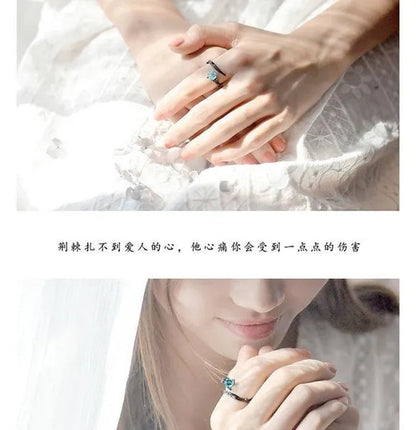Black Rose Bud Creative Lovers Silver Ring and Ring Thorn Personality Opening Lovers Ring Couple Ring
