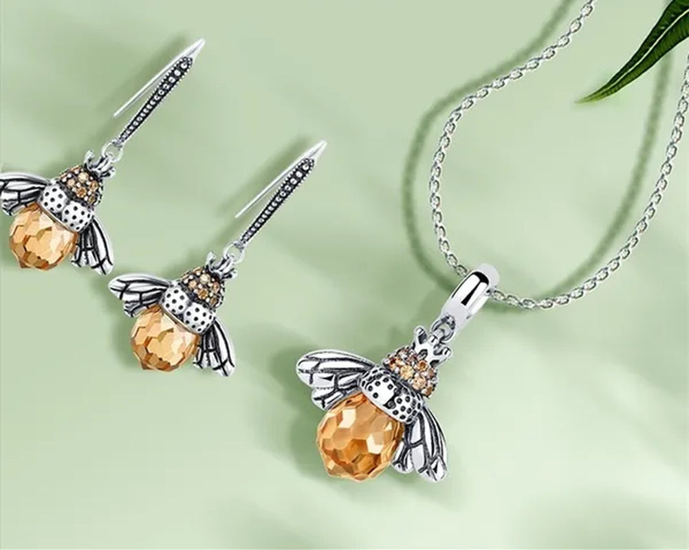 Popular Elegant Bee Design Gemstone Topaz Pendant Necklace/Earring/Ring/Bracelet 925 Silver Jewelry Set Mother'S Day Gifts
