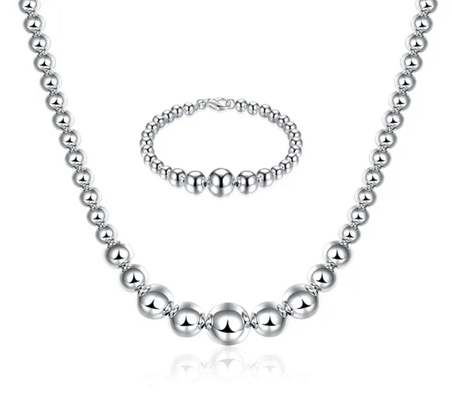 High Quality 925 Sterling Silver Fashion Elegant Smooth Bead Round Necklace Bracelet Jewelry Sets Fine Jewelry