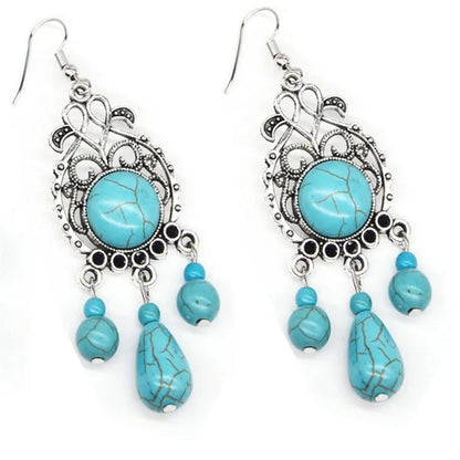 Retro Carved Turquoise Earrings Europe Exaggerated Sapphire Earrings Bohemian Pierced Earrings
