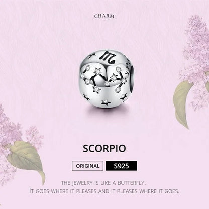 European Hot 12 Constellation Zodiac Round 925 Sterling Silver Beads Charm for Women Bracelet  Shining CZ Charm Fit Original Bangle Necklace DIY Jewelry Making