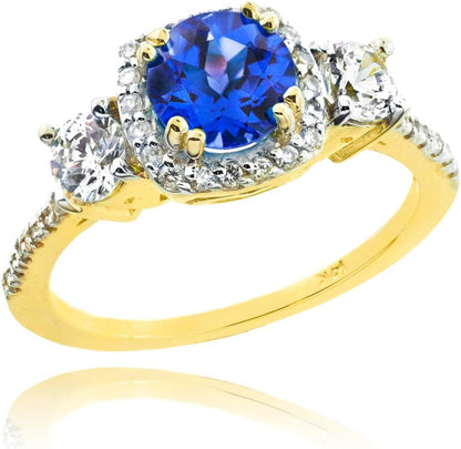 14K Yellow Gold Diamond Halo 3-Stone September Birthstone Blue Sapphire Engagement Ring (Size 6)
