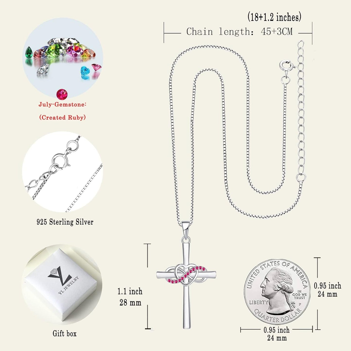 Cross Necklace Sterling Silver Infinity Heart Crucifix Pendant Gemstones Criss Jewelry for Women
