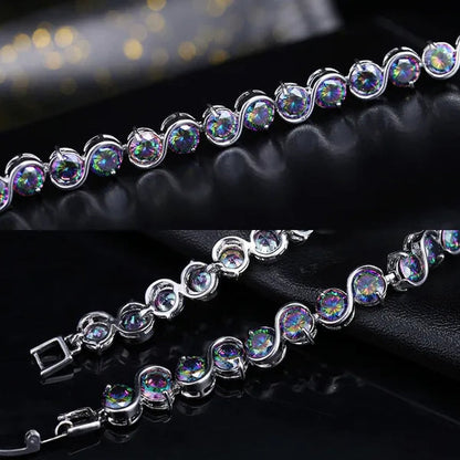 Gloriya Perfect Round Cut Mystic Rainbow Crystal Bangle Bracelets for Cocktail Party Lady Fashion CZ Silver Plated Jewelry Gifts