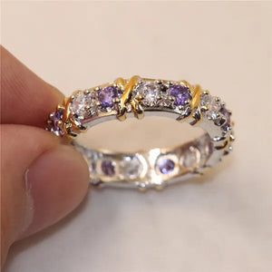 Brand Jewlery Women's Fashion 925 Silver Purple Simulated Diamond Cubic Zirconia Tanzanite Yellow Gold Cross Eternal Band Wedding Ring
