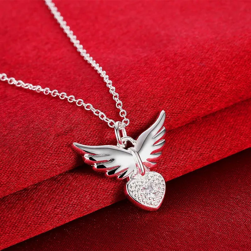 Pretty Women's 925 Sterling Silver Heart Shaped Angel Wings Pendant Diamonds Necklace(with Chain)