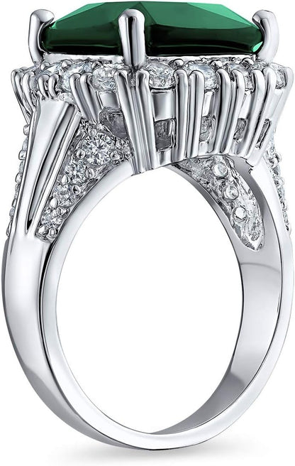 Big Solitaire AAA Cubic Zirconia Pave CZ 5-7CTW Cushion Emerald Cut Simulated Ruby Red Green Vintage Art Deco Style Halo Cocktail Statement Ring for Women Silver Plated Customizable