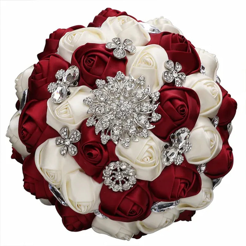 20CM Satin Ribbon Rhinestone Simulation Flowers Bridal Bouquet Handmade Diamond Brooch Wedding Bouquet Bridesmaid Holding Flowers