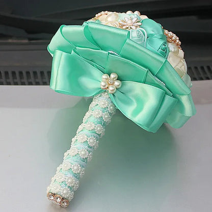 Customizable Mixed Color Silk Rose Wedding Bouquet Fine Pearl Diamond Brooch Bride Holding Flowers Artificial Wedding Flower Bridesmaid Bouquet 4Size