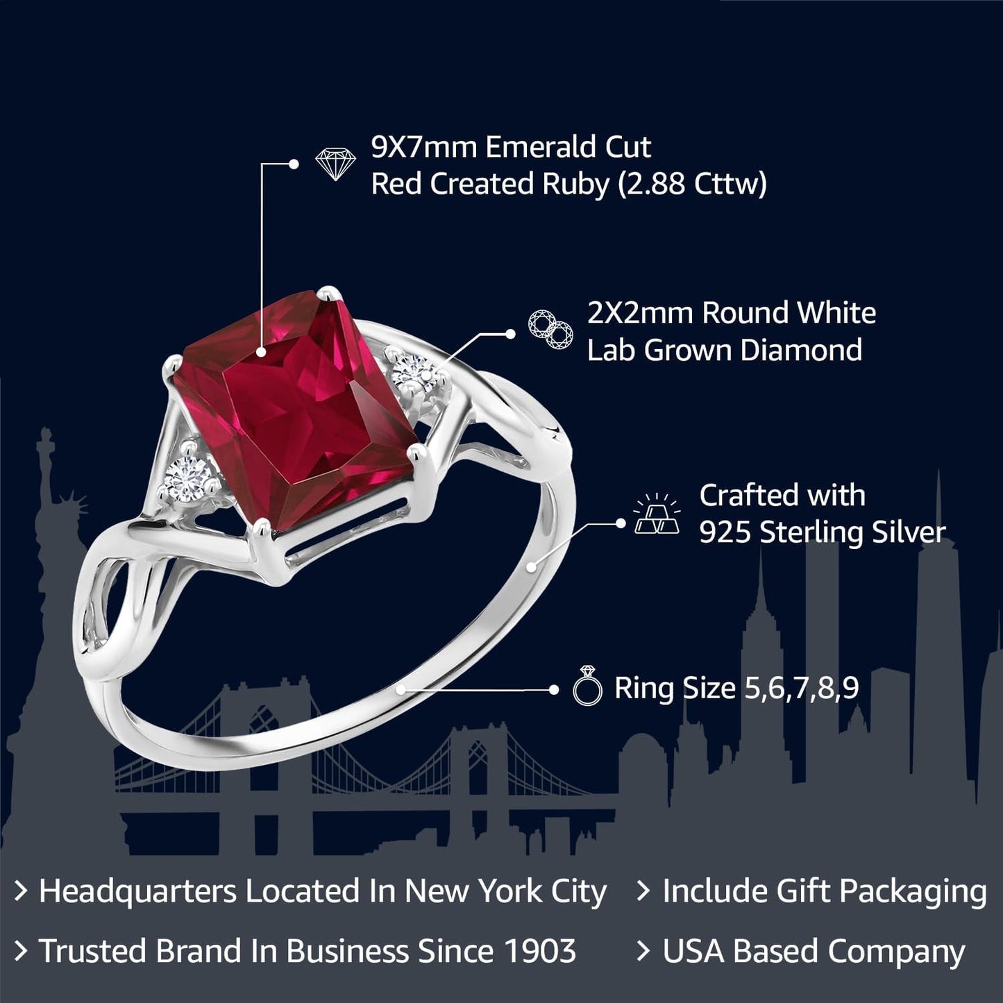 2.88 Cttw Red Created Ruby and White Lab Grown Diamond Ring for Women | 925 Sterling Silver | Available in Size 5, 6, 7, 8, 9