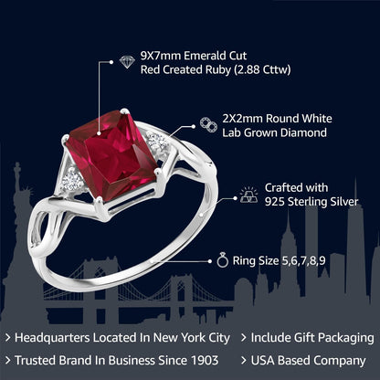 2.88 Cttw Red Created Ruby and White Lab Grown Diamond Ring for Women | 925 Sterling Silver | Available in Size 5, 6, 7, 8, 9