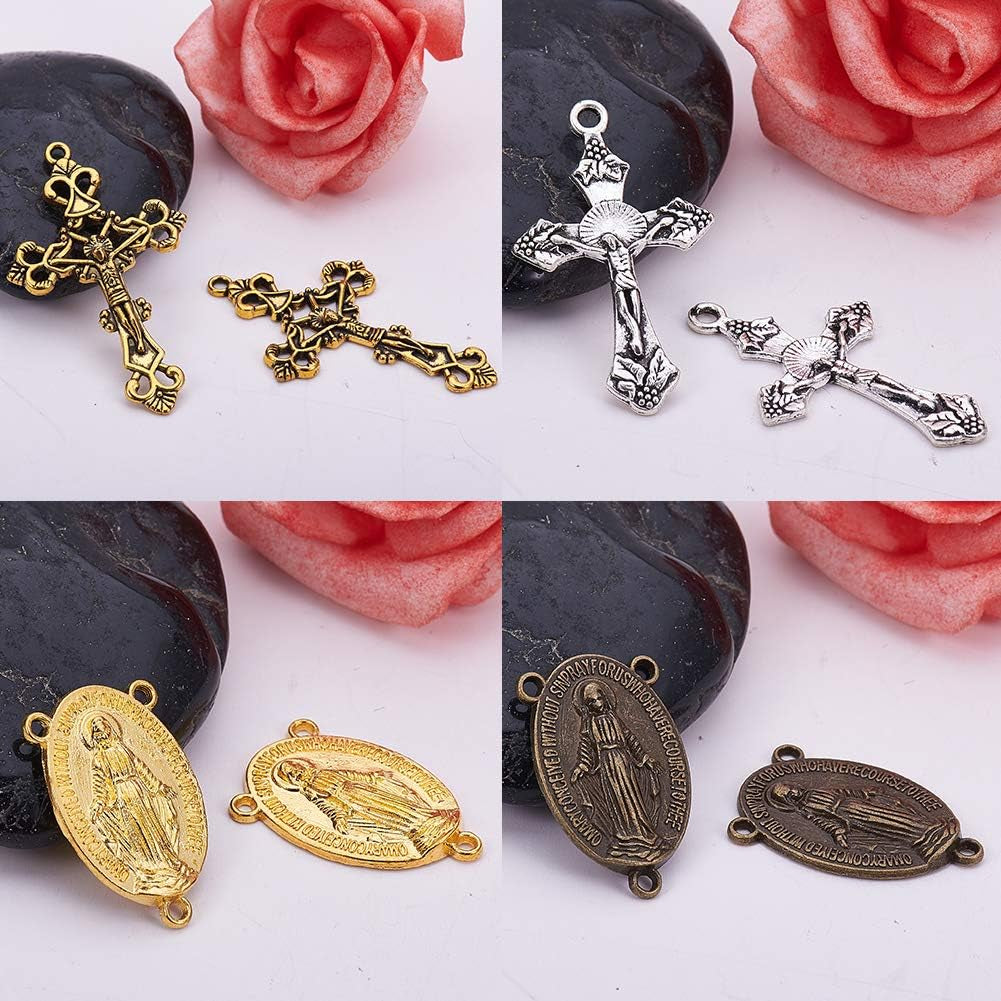Tibetan Style Rosary Cross Charms and Center Miraculous Medal Easter Vintage Cross Crucifix Pendants Oval Chandelier Links Bronze Connector Charm for Rosary Bead Necklace Making Supplies