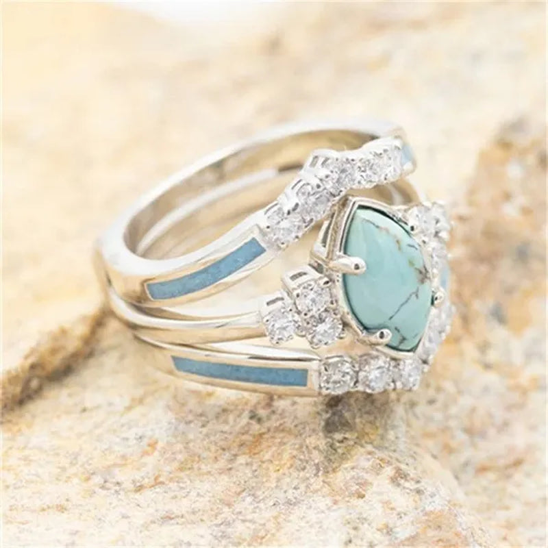 Newest 3Pcs/Set Women'S 18 K Gold Multilayer Hollow Turquoise Ring Band Exquisite Moissanite Engagement Wedding Rings Ethnic Anniversary Birthday Christmas Gift Jewelry