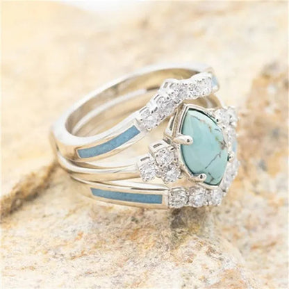 Newest 3Pcs/Set Women'S 18 K Gold Multilayer Hollow Turquoise Ring Band Exquisite Moissanite Engagement Wedding Rings Ethnic Anniversary Birthday Christmas Gift Jewelry
