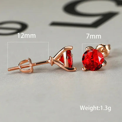 Exquisite Fashion Women Love Princess 925 Silver round Cut Ruby Garnet Three Prong Stud Earrings for Women Bridal Wedding Jewelry Gifts