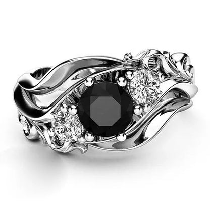 Fashion Ladies Rose Gold Leaf Vine Black Gemstone Rings Jewelry Bridal Romantic Engagement Proposal Gift