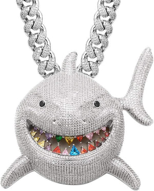 Hip Hop Jewelry 18K Gold Plated 3D Large Shark Pendant Iced Out Premium Zircon Fish Animal Creative Necklace with Free Rope Chain