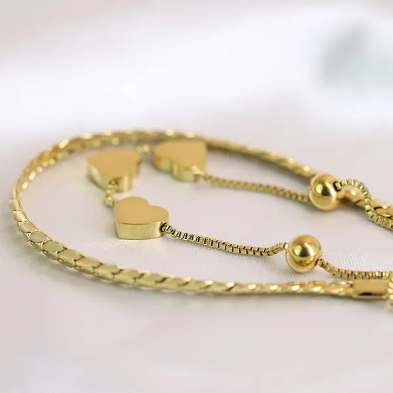 Women's Chain Bracelets 18K Gold Plated Stainless Steel Classic Heart Double Layer Tennis Bracelet Adjustable Bangle for Women
