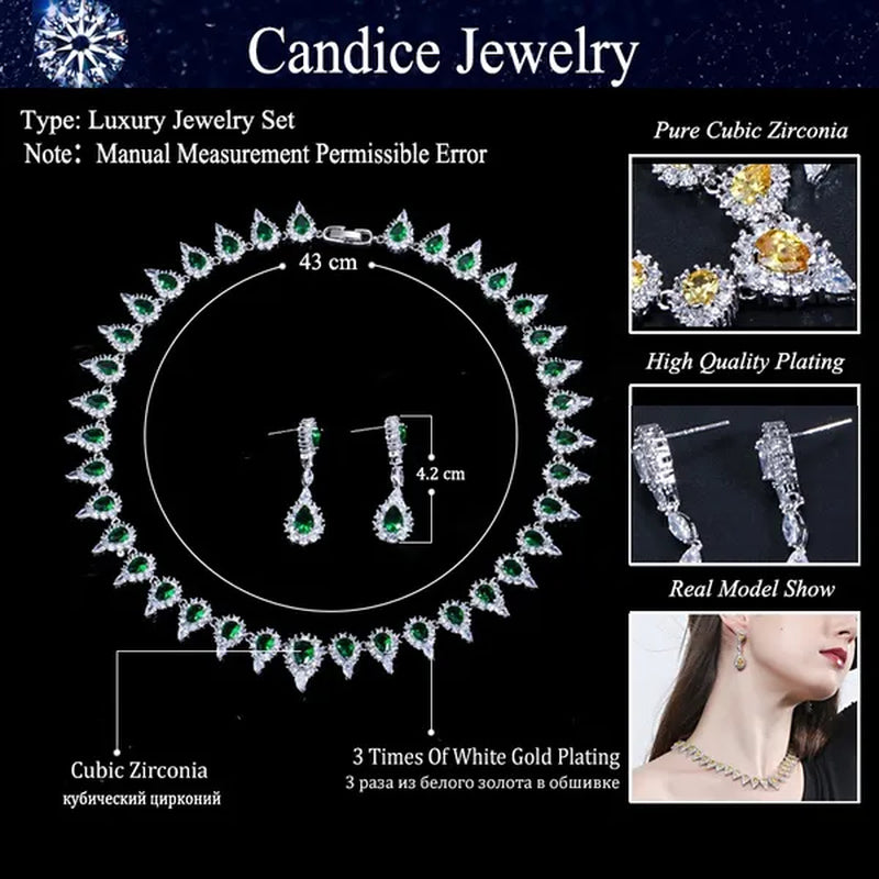 CANDICE Stunning Pave Yellow Citrine Luxury Jewelry Pear Shape CZ Crystal Choker Necklace And Earrings Bride Set for Women Party Wedding Accessories
