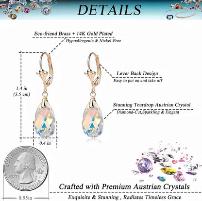 Austrian Crystal Teardrop Leverback Dangle Earrings for Women Fashion 14K Gold Plated Hypoallergenic Jewelry
