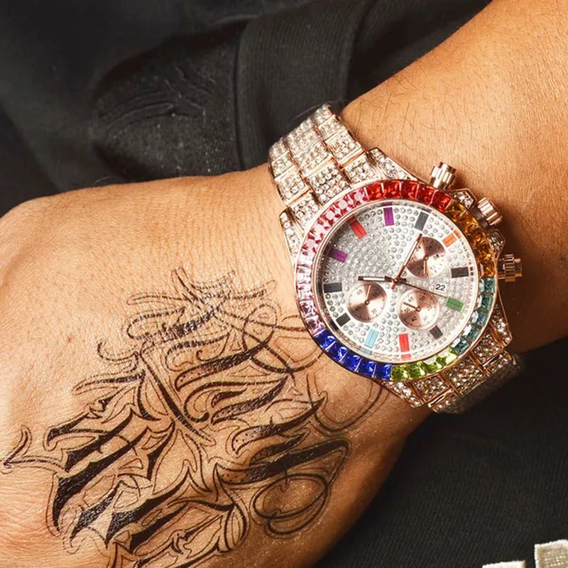 Men Watch Luxury Brand Mens Gold Men Watch Quartz Clock Chronograph Colorful Diamond Steel Iced Out Watch Reloj Hombre