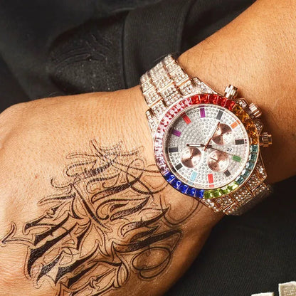 Men Watch Luxury Brand Mens Gold Men Watch Quartz Clock Chronograph Colorful Diamond Steel Iced Out Watch Reloj Hombre