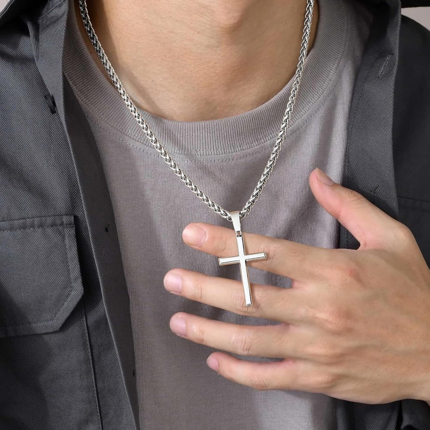 925 Sterling Silver Cross Necklace for Men Women with 3MM Stainless Steel Strong Durable Wheat Chain 18K White Gold Plated Crucifix Pendant Necklace Jewelry 16-30 Inches
