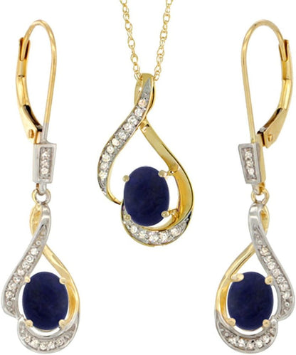 14K Yellow Gold Diamond Natural Lapis Lever Back Earrings & Necklace Set Oval 7X5Mm, 18 Inch Long
