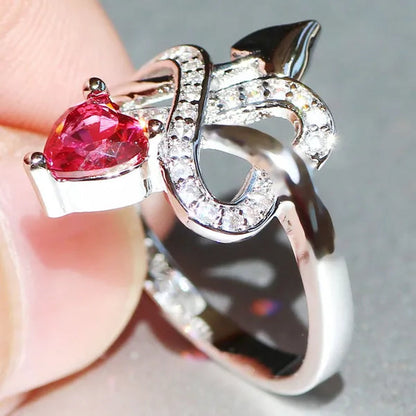 Eros Ring  Silver Natural Gemstones White Sapphire & Ruby Wedding Birthstone Bride Engagement Multilevel Heart Cross Ring Jewelry Size 6 7 8 9 10