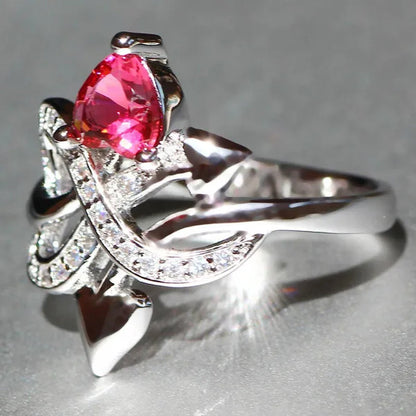 Eros Ring  Silver Natural Gemstones White Sapphire & Ruby Wedding Birthstone Bride Engagement Multilevel Heart Cross Ring Jewelry Size 6 7 8 9 10